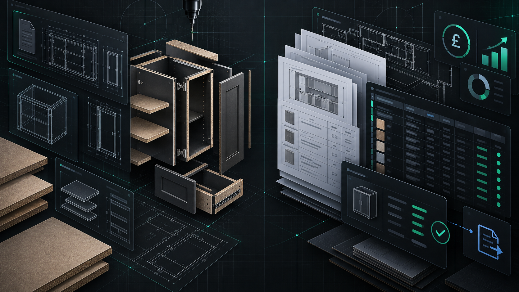 Cabinet broken into parts and a schedule with a pricing dashboard
